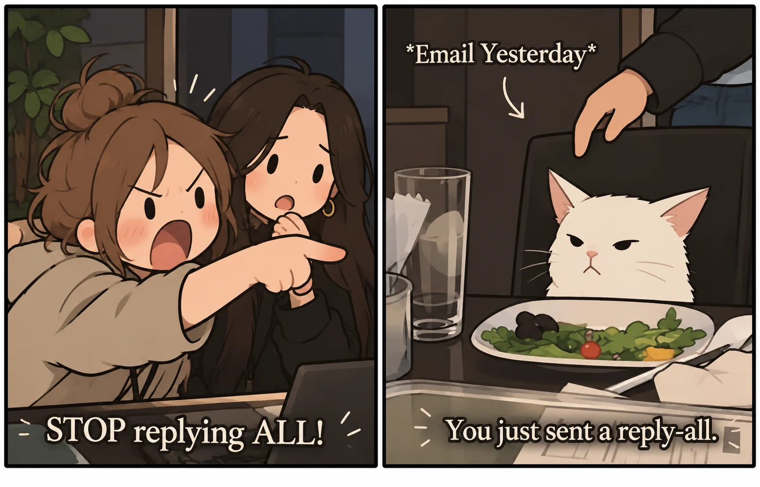 A meme saying “STOP REPLYING ALL!”