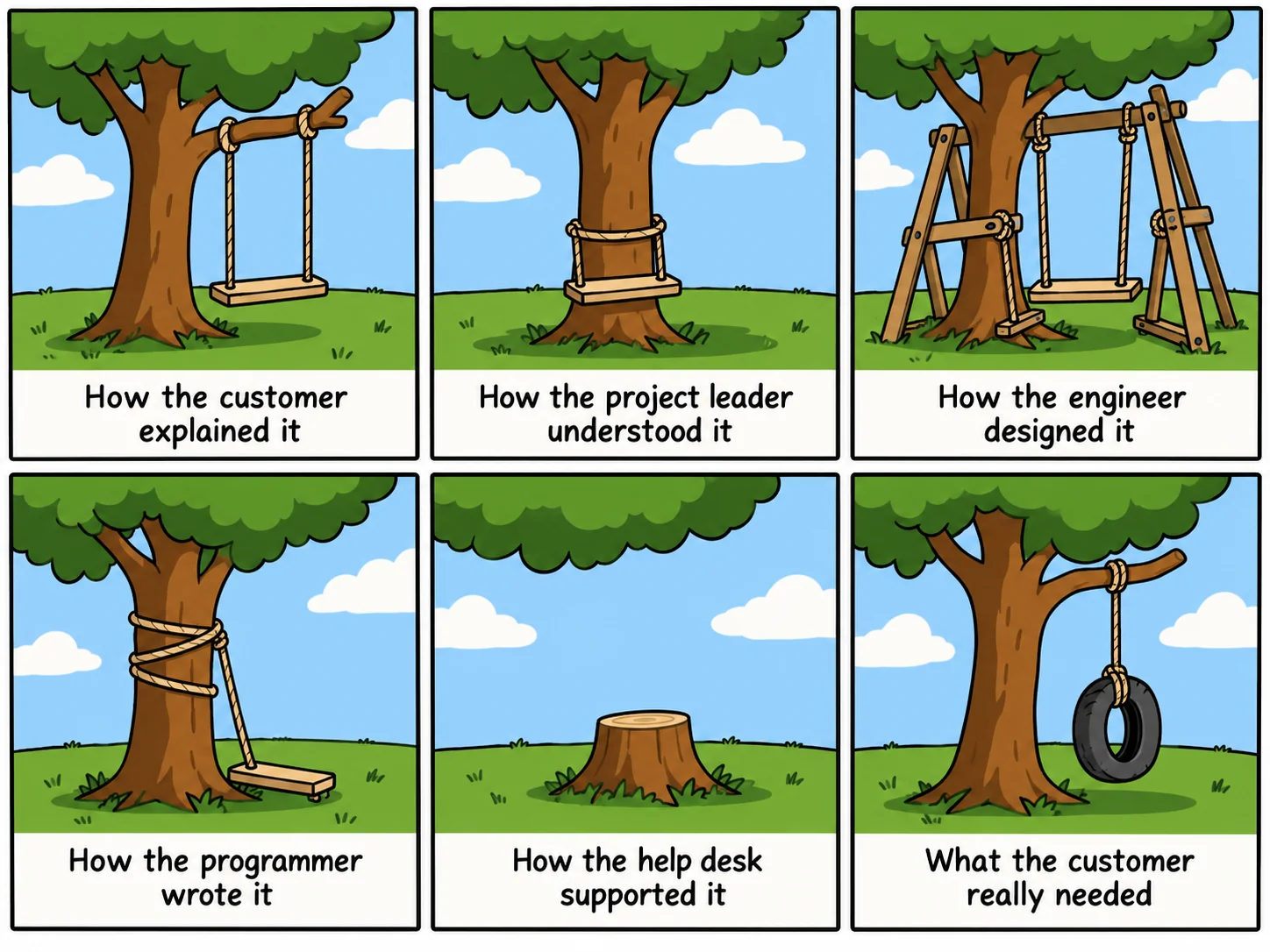 A swing illustrated in nine different ways to show how people interpret the same requirements.